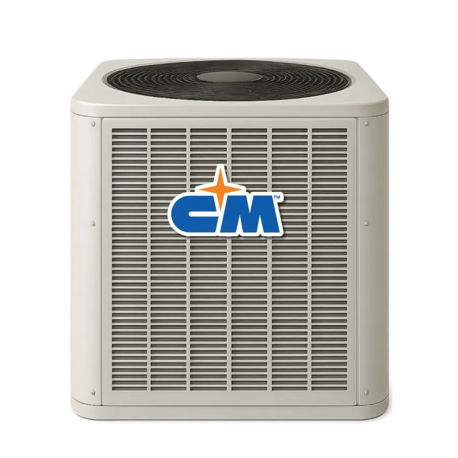 CM brand outdoor air conditioning unit with ventilation grille and fan on top.
