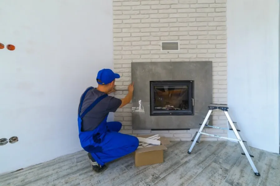 Worker in blue uniform installing or inspecting modern fireplace with white brick wall and wooden floor.