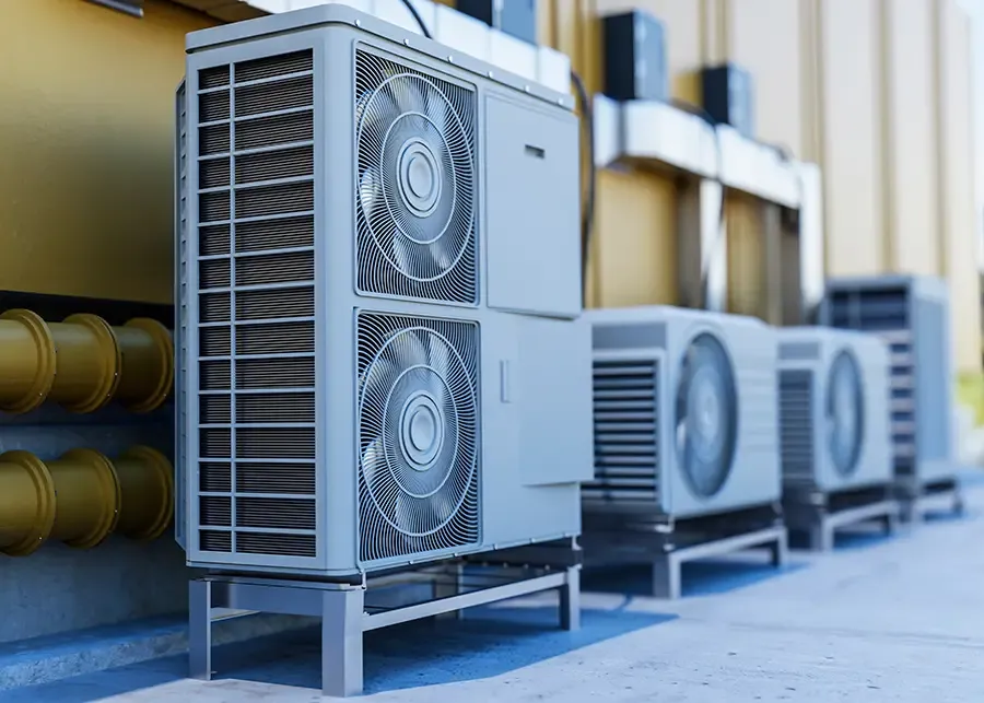 Row of outdoor HVAC units with large fans installed on a building exterior for climate control.