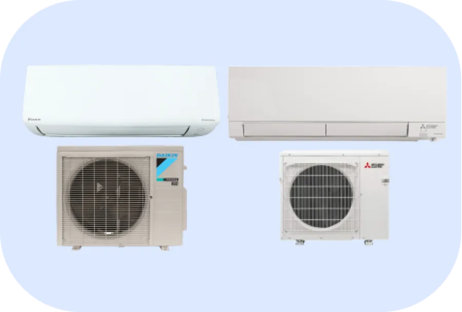 Two split-system air conditioners with indoor and outdoor units from Daikin and Mitsubishi on light background.