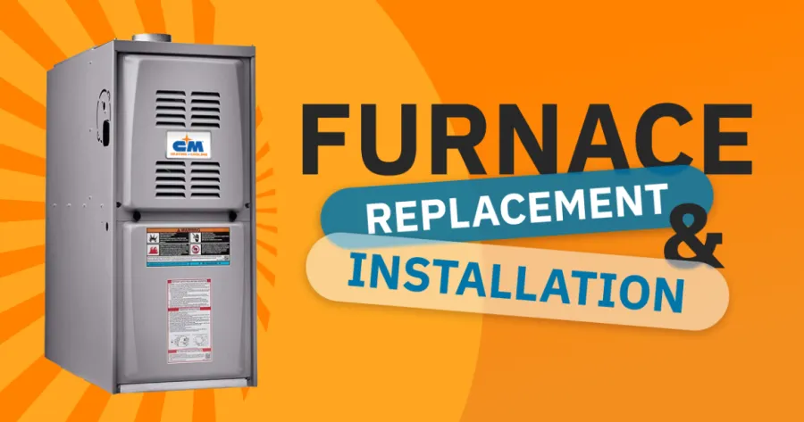 Gray furnace unit with orange background advertising furnace replacement and installation services.