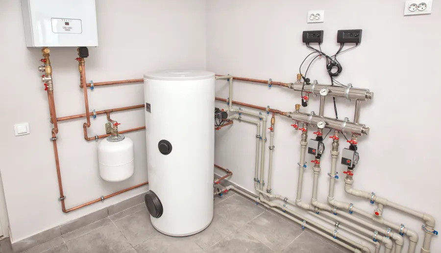 Two modern white wall-mounted boilers with digital displays and connected pipes in a utility room.
