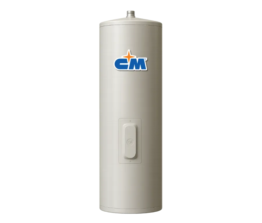 Tall cylindrical beige electric water heater with on/off switch and CM logo on front against black background