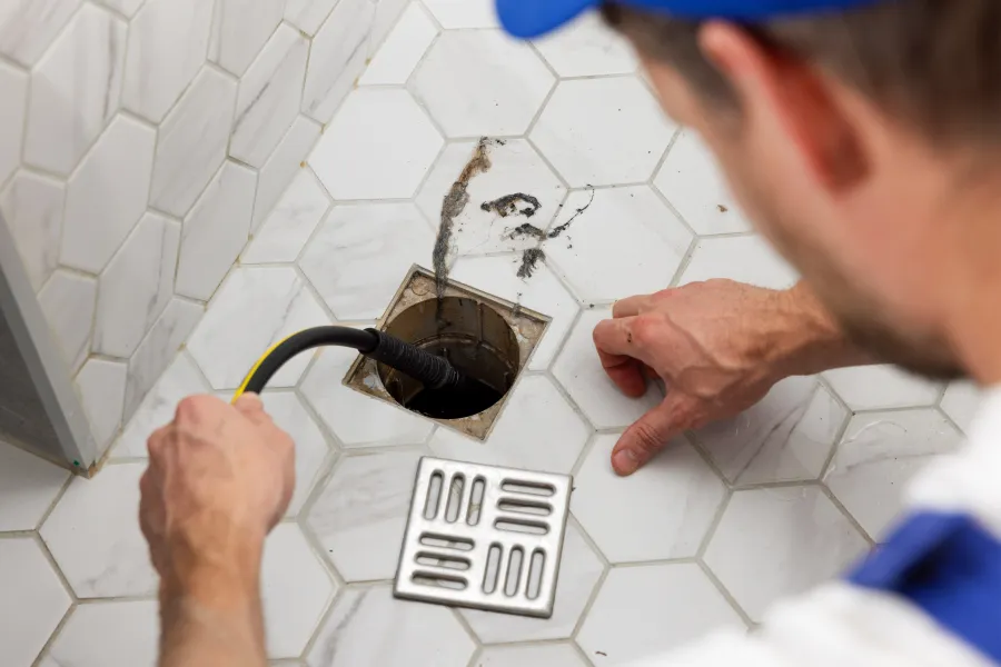 Close-up of a plumber using a drain snake to clear clogged floor drain in bathroom with hexagonal tiles.