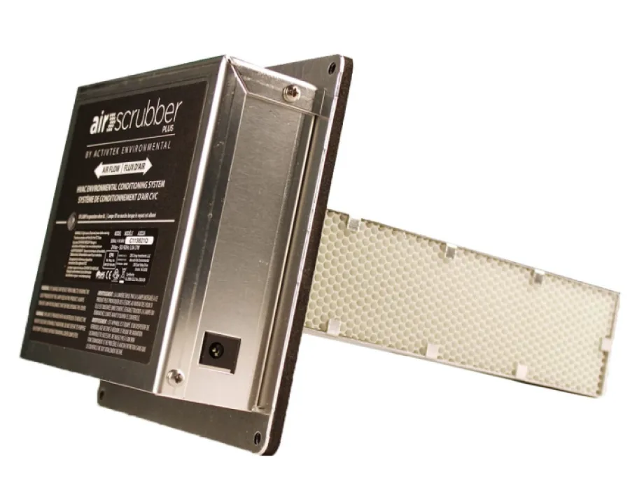 Metal air scrubber unit with honeycomb filter panel extended, used for environmental conditioning and air purification.