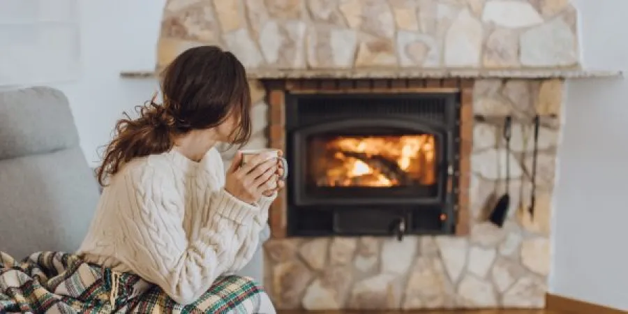 Woman in cozy sweater holding mug and looking at lit stone fireplace in a warm living room.