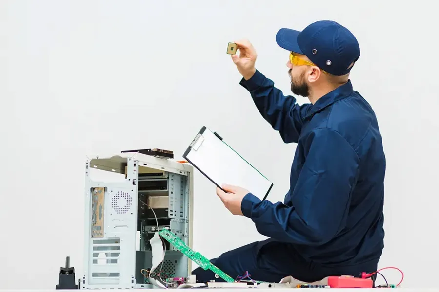 Technician in blue uniform holding a CPU chip and clipboard working on an open desktop computer case.