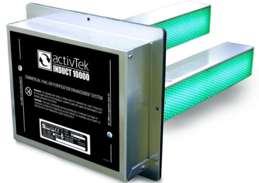 activTek Induct 10000 commercial HVAC air purification enhancement system with green UV light tubes