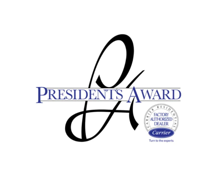 President's Award logo with elegant script initials and Carrier Factory Authorized Dealer seal.
