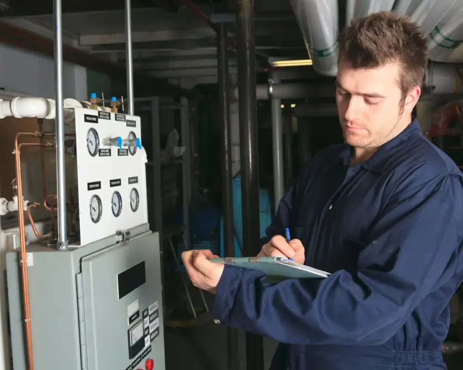 Technician in blue coveralls recording data on clipboard near pressure gauges and pipes in industrial setting.
