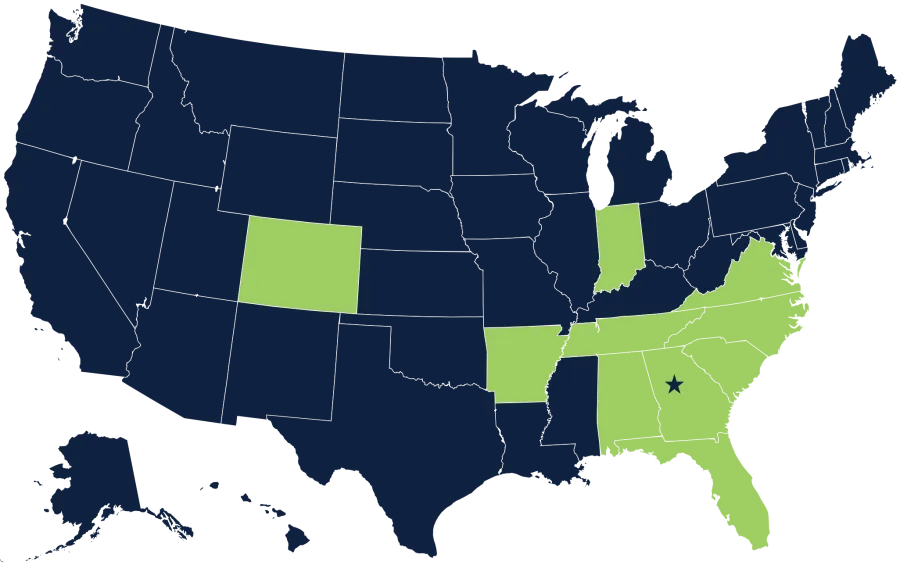 U.S. map highlighting South Carolina with a star and Colorado, Illinois, Arkansas in green states.