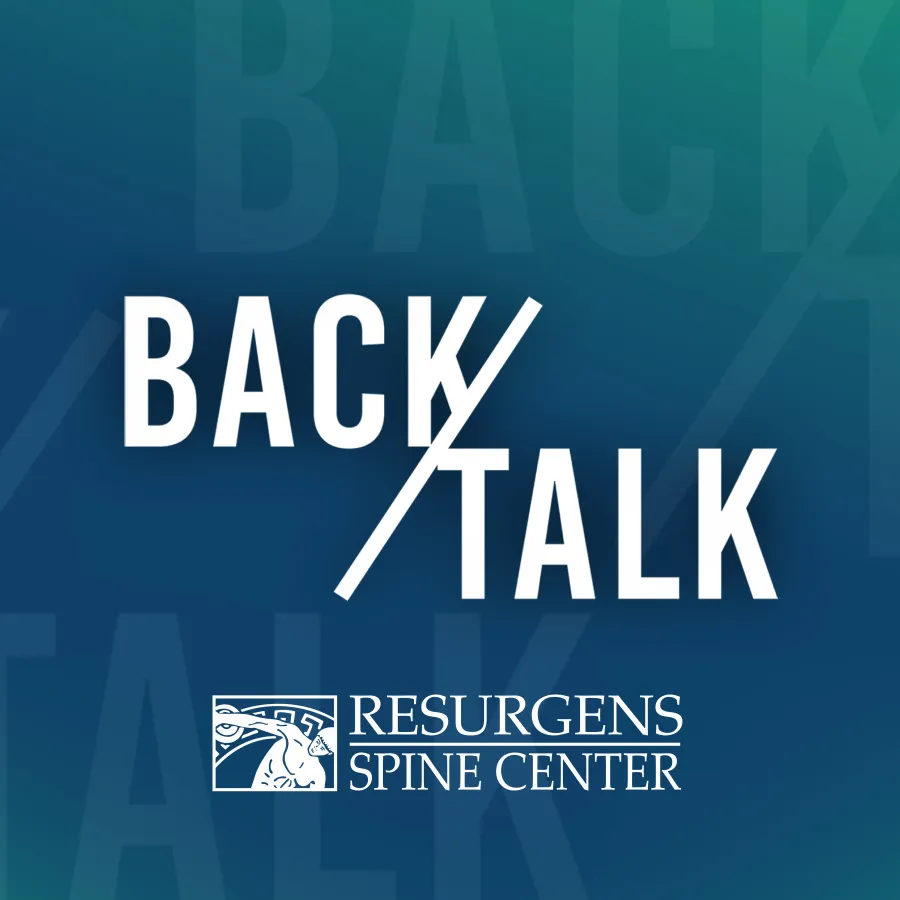 Back Talk podcast logo with stylized white text on a blue gradient background for Resurgens Spine Center