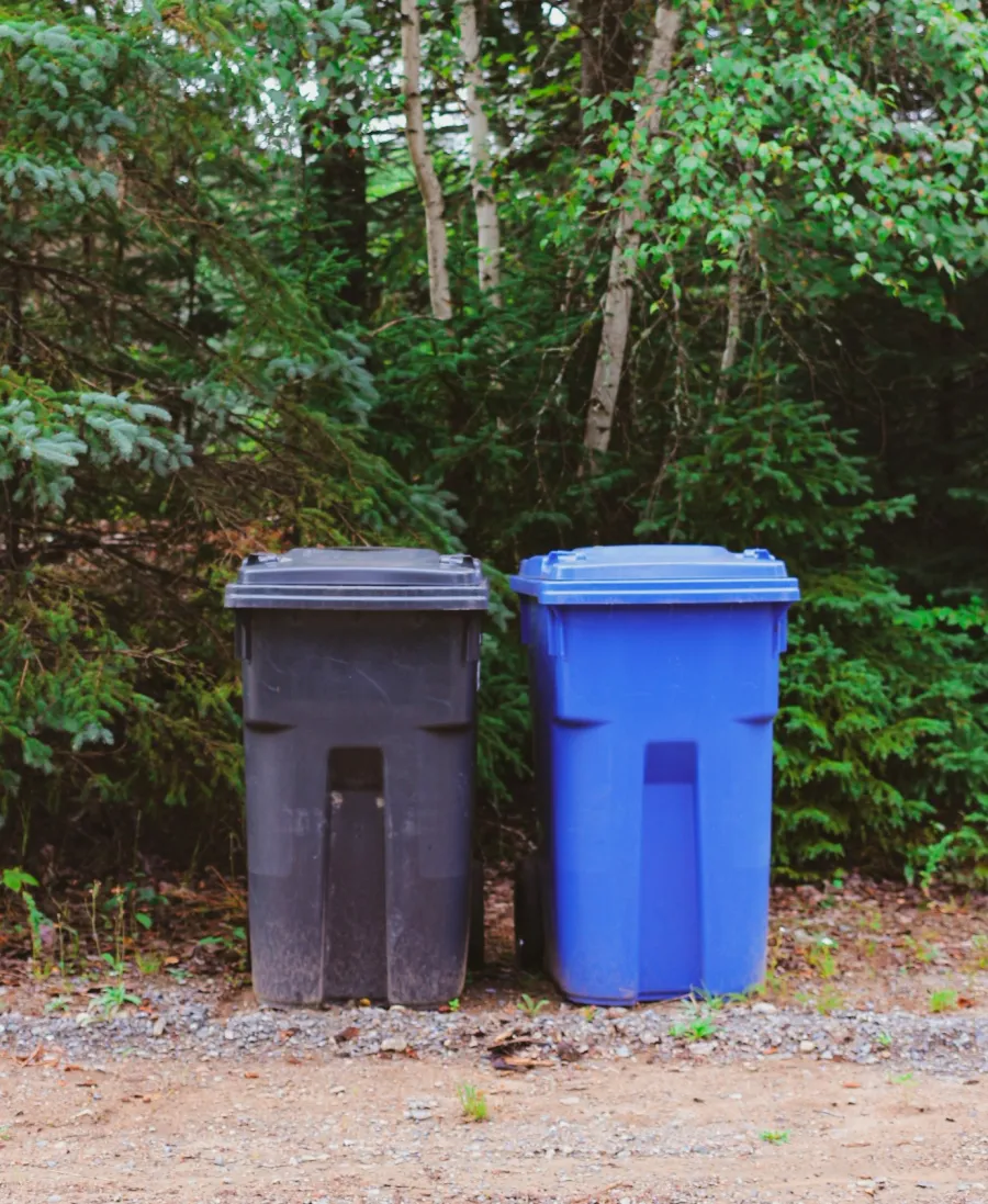 two blue garbage cans