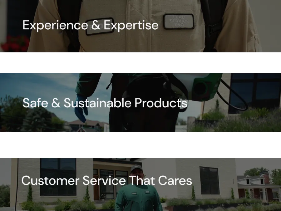 Technician uniforms with patches reading Lead Service Pro, showcasing experience, safe products, and customer service.