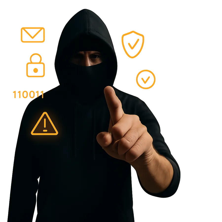 Hacker in black hoodie pointing at glowing digital security icons including lock, email, warning sign, and checkmarks.