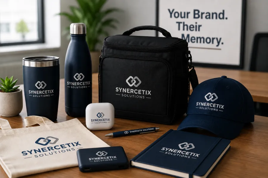 Synercetix Solutions branded merchandise including tumbler, bottle, lunch bag, cap, notebook, pen, and tote bag.