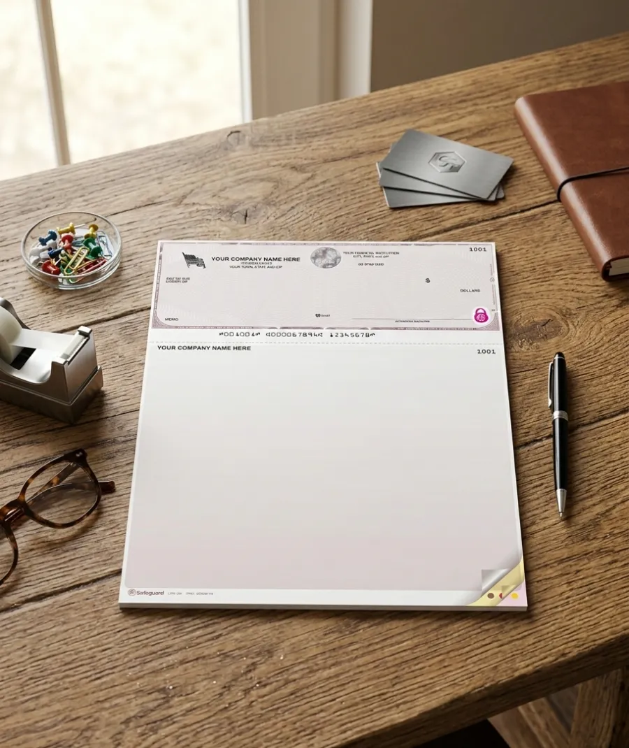Business desk setup with blank company checks, pen, glasses, notebook, pushpins, tape dispenser, and business cards on wood.