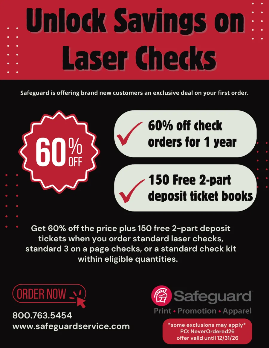 Advertisement offering 60% off laser checks with 150 free deposit ticket books for new Safeguard customers.