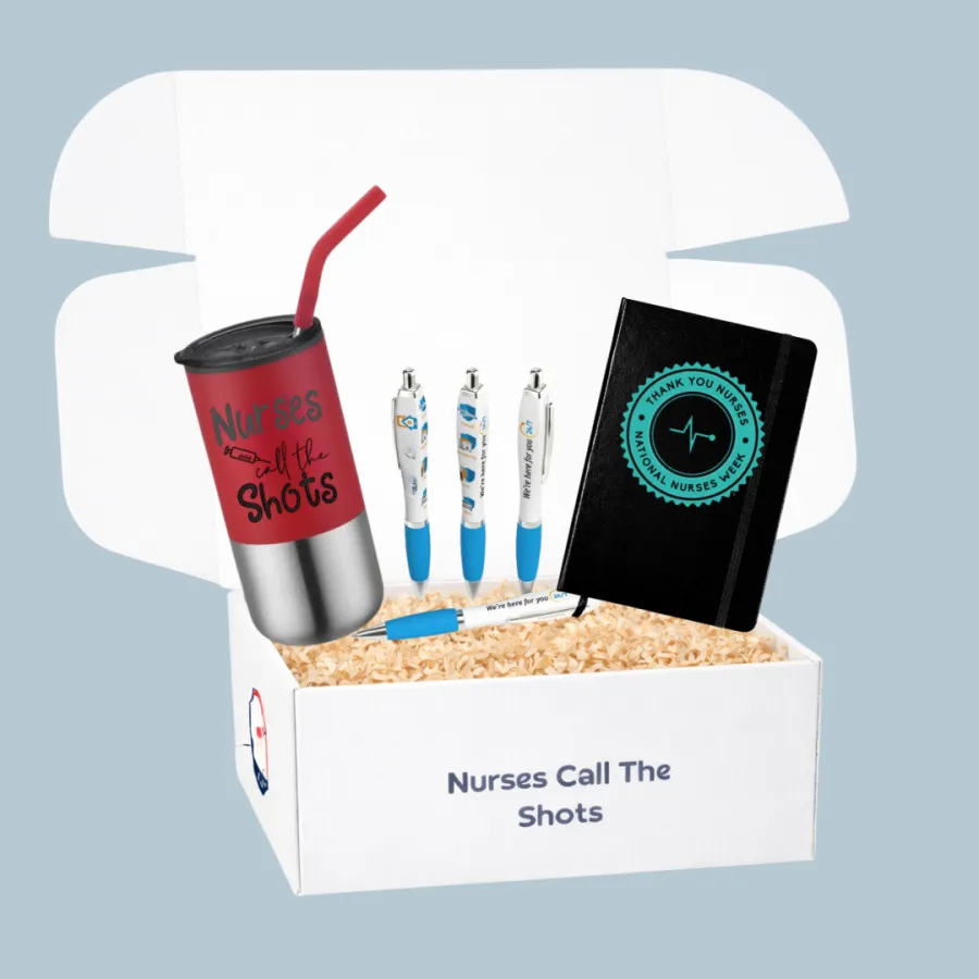 Gift box with nurses-themed tumbler, pens, and notebook celebrating National Nurses Week.
