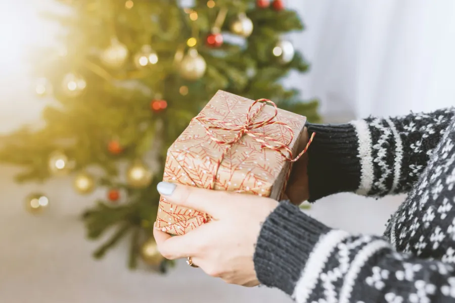 a person holding a wrapped gift