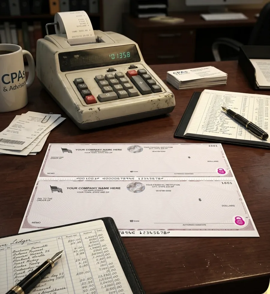 Vintage office desk with calculator, blank checks, ledger books, pen, coffee mug, and business cards for CPAs.