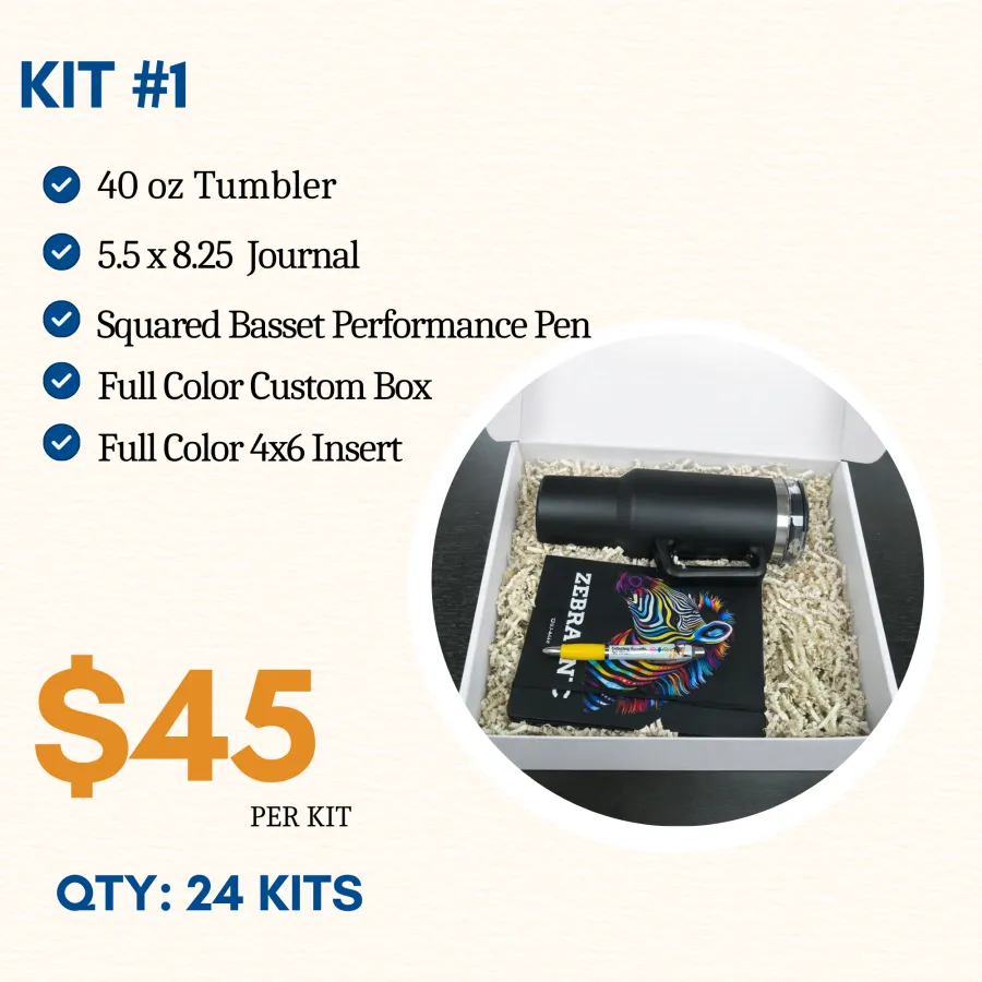 Gift box kit with a black 40 oz tumbler, journal, colorful pen, custom box, and 4x6 insert.