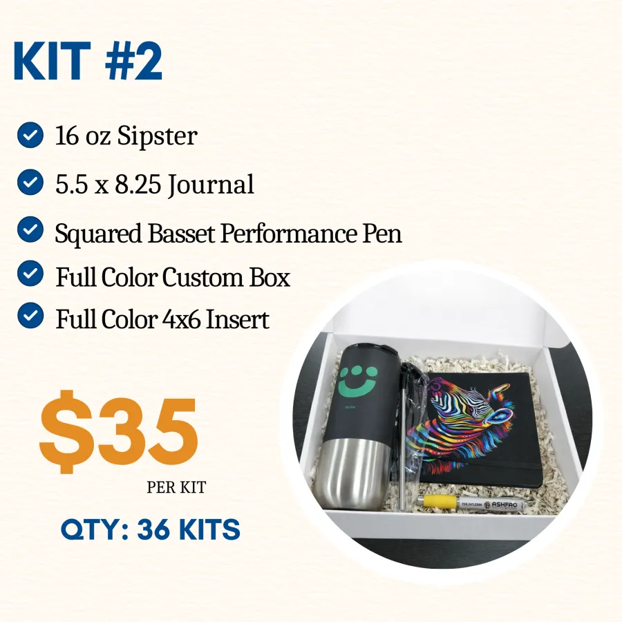 Boxed Kit #2 includes 16 oz Sipster tumbler, journal with colorful zebra, performance pen, insert, and custom box for $35.