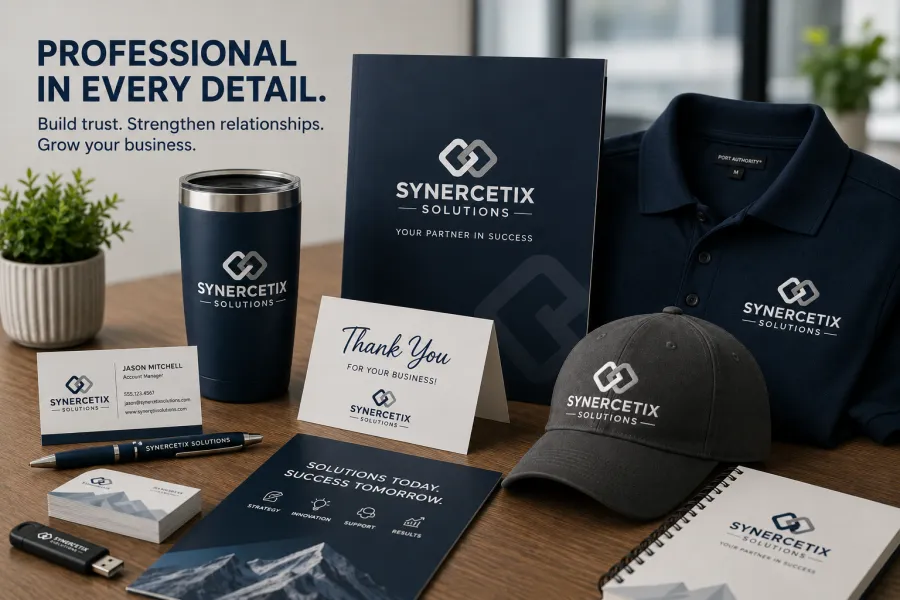 Synercetix Solutions branded business items including cards, notebook, pen, tumbler, polo, and cap on wooden desk.