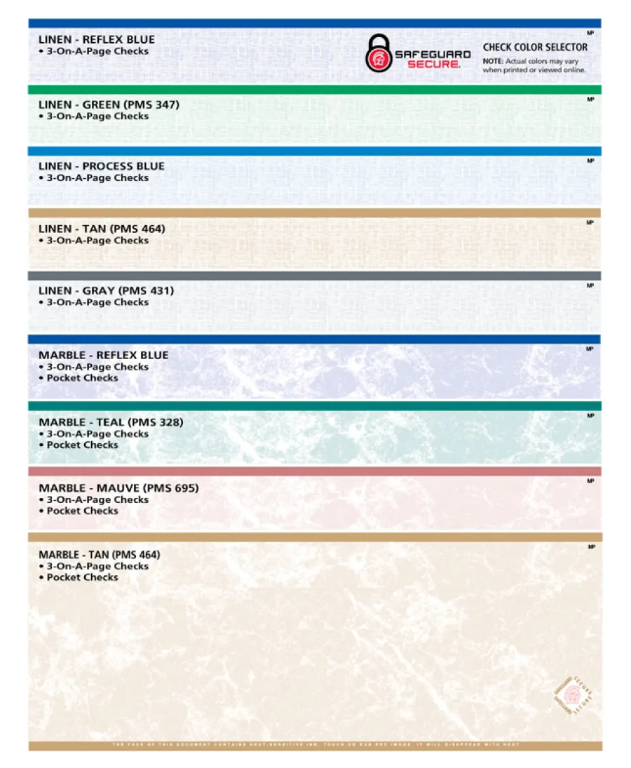 Colorful chart displaying various check styles and colors for a secure checking system.