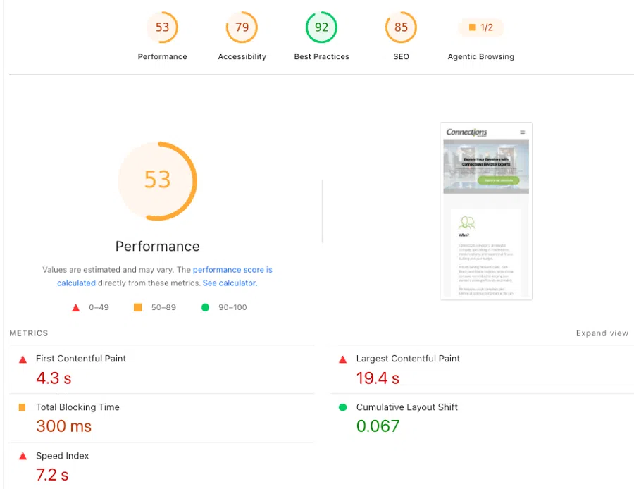 Web performance metrics with graphics showing scores for performance, accessibility, best practices, and SEO.