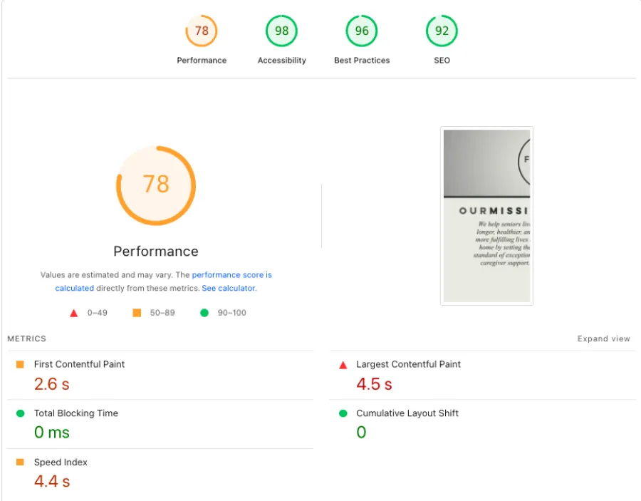 Website performance metrics showing 100 performance score, 80 accessibility, 96 best practices, and 36 SEO with detailed timings.