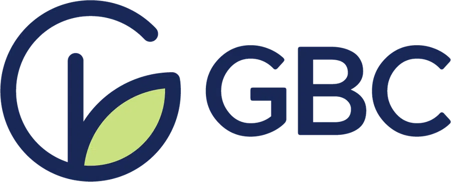 GBC logo featuring a stylized circle with a vertical line and green leaf, symbolizing growth and sustainability.