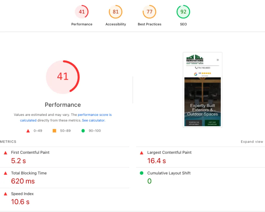 Website performance report with low scores in performance and speed, strong SEO and accessibility metrics shown.