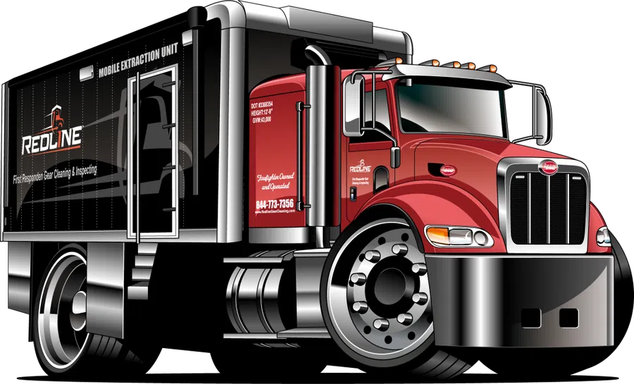 Redline mobile extraction unit truck designed for first responder gear cleaning and inspecting services.
