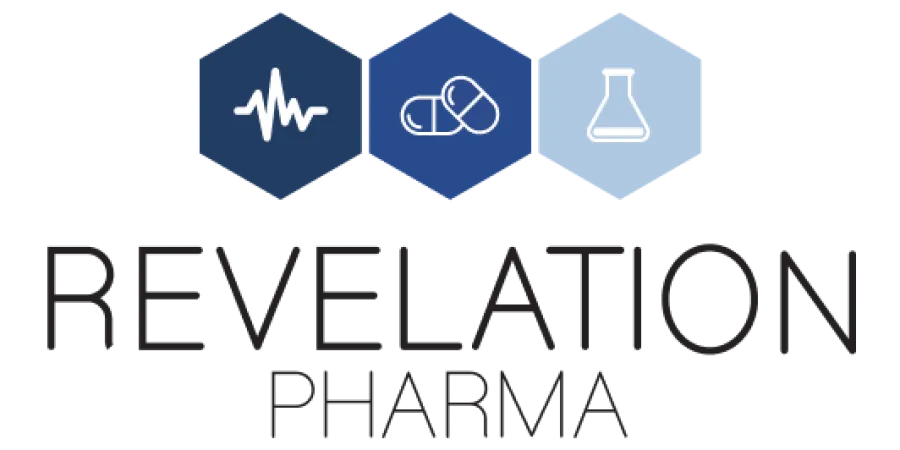 Revelation Pharma logo with heartbeat, capsules, and flask icons in blue hexagons