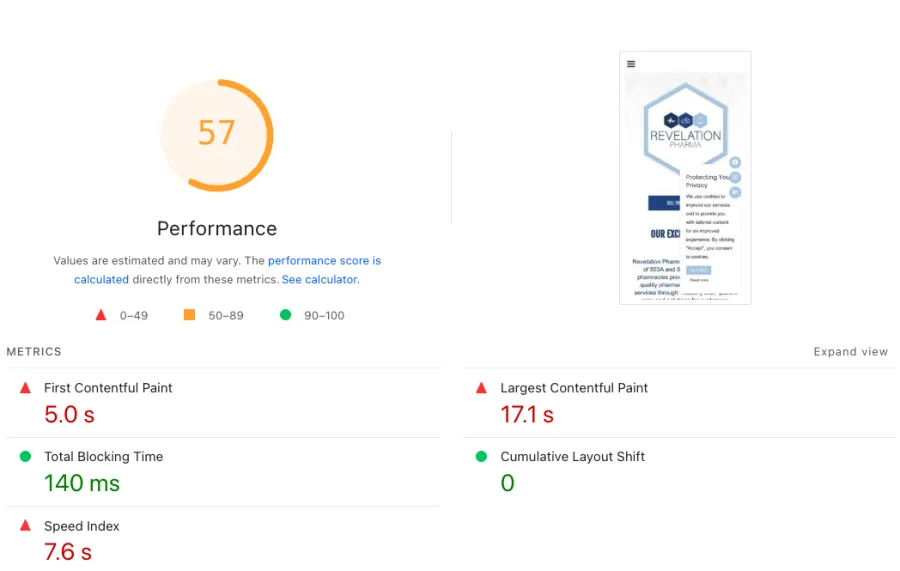 Performance report showing a score of 57 with detailed web metrics like paint times and blocking time.