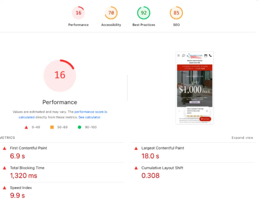 Website performance report showing low scores in performance and layout with detailed timing metrics.