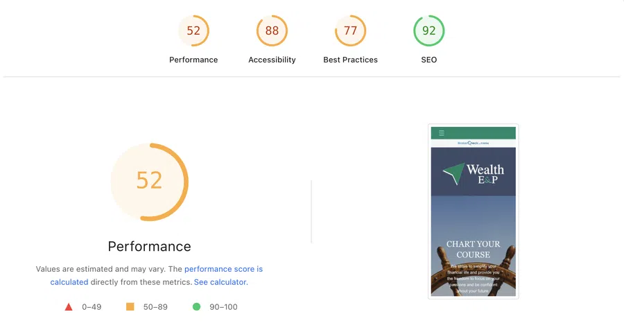 Website performance and SEO scores with a mobile preview of Wealth E&P homepage and detailed performance metrics.