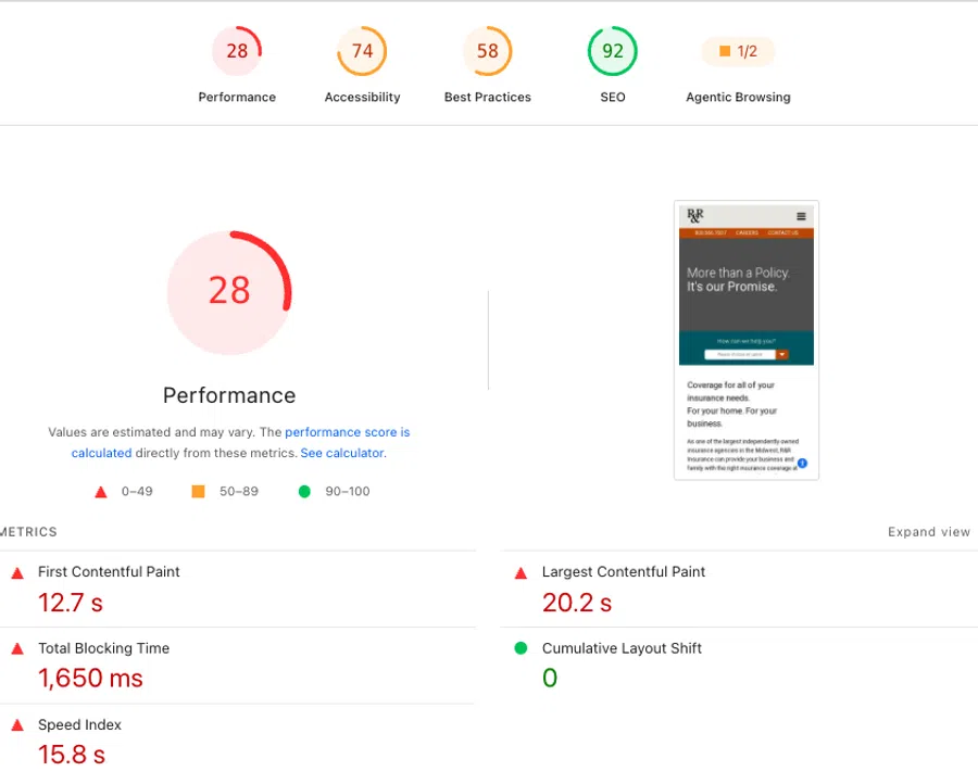 Website performance audit showing low scores in performance, accessibility, and best practices with SEO highlighted.