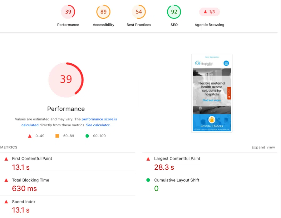 Web performance report highlights low scores in Performance with 39 and high SEO score of 92 shown visually.