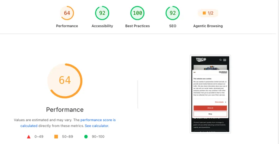 Performance score of 64 shown with accessibility 92, best practices 100, SEO 92 for a mobile website test.