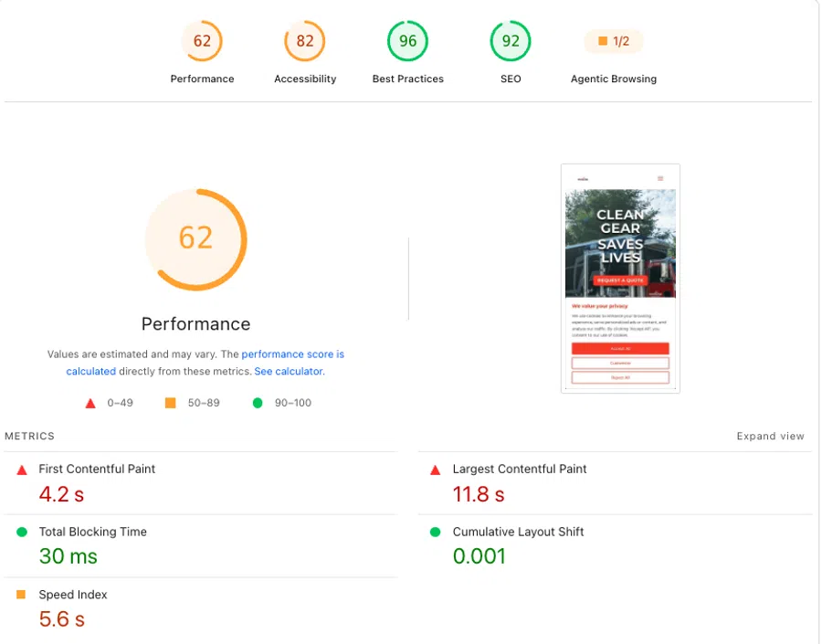 Web performance audit showing scores for performance, accessibility, best practices, and SEO with detailed metrics.