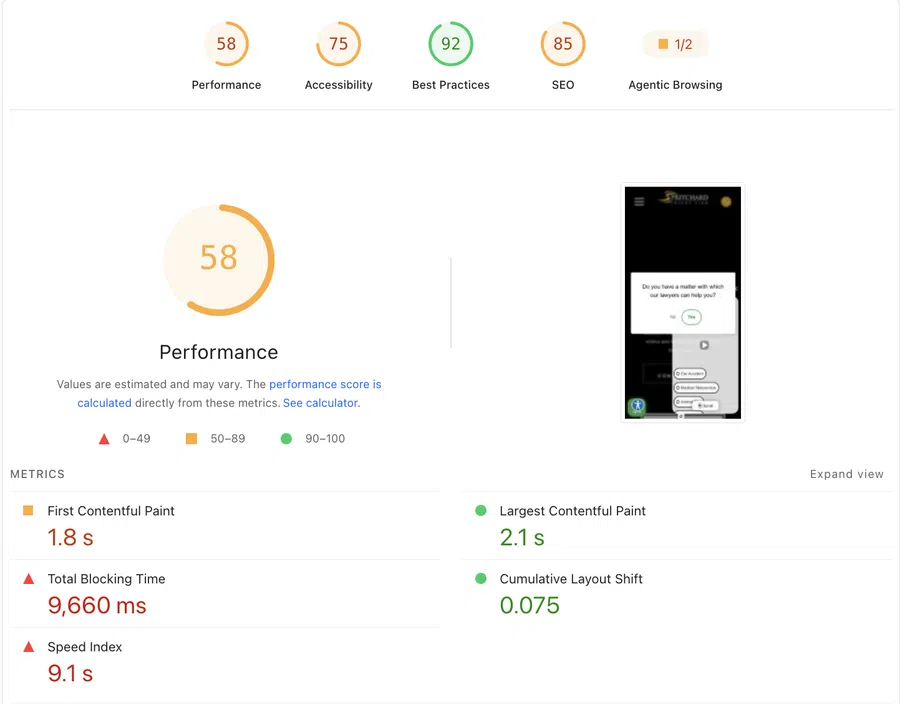 Website performance report showing scores for performance, accessibility, best practices, SEO, and browsing metrics.