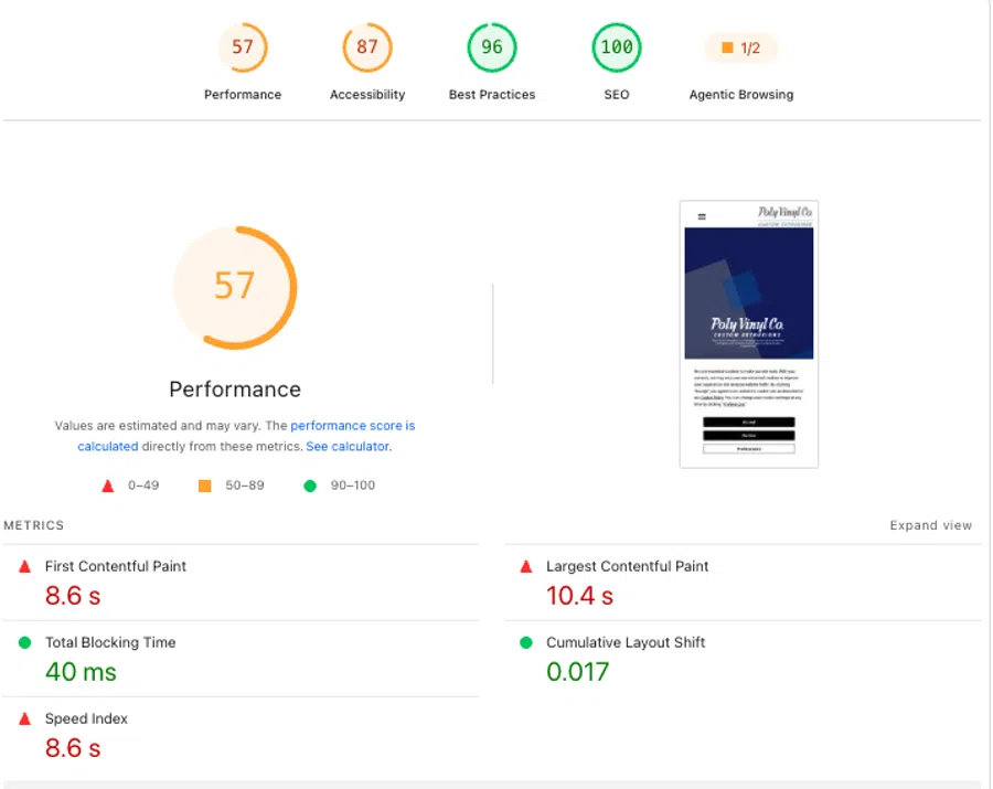 Web performance report showing scores for performance, accessibility, best practices, and SEO with detailed metrics.