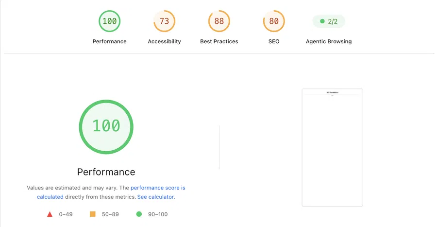 Website performance and SEO audit scores showing perfect performance and moderate accessibility and SEO ratings.