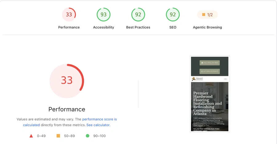 Web performance report showing scores with low performance at 33 and high accessibility, SEO, and best practices scores above 90