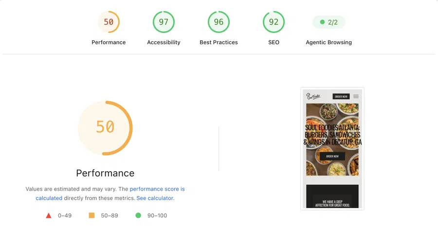 Website performance and SEO audit scores with a mobile food menu preview and performance score shown as 50.