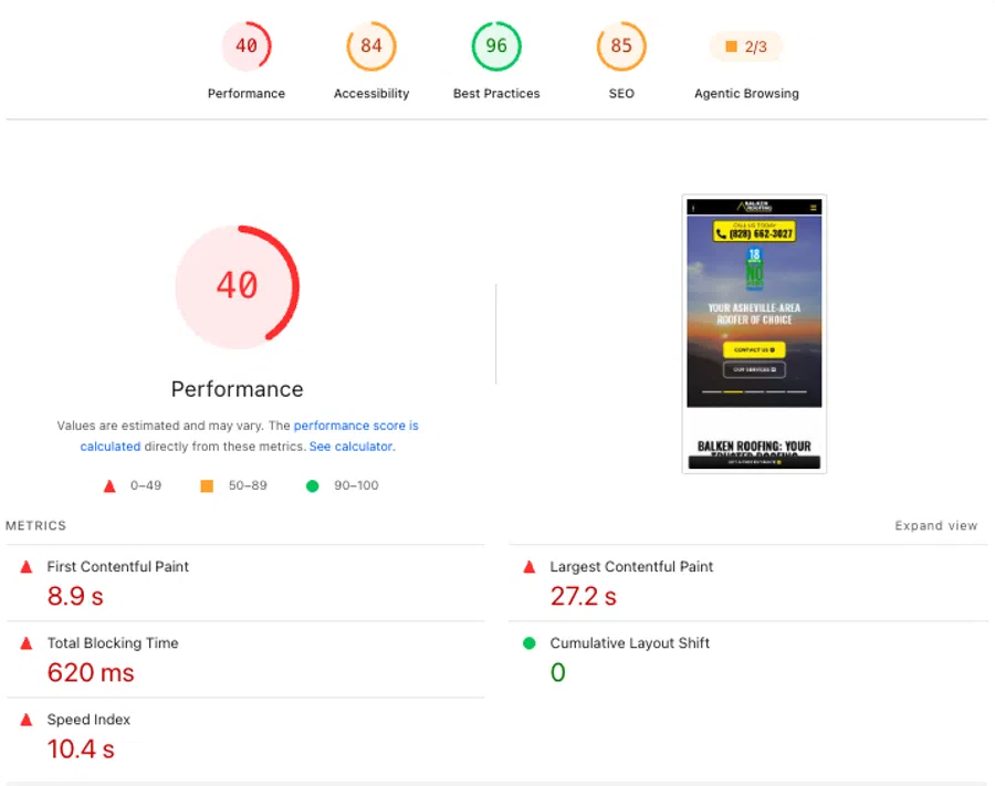 Website performance audit showing low performance score of 40 with metrics like speed index and contentful paint times.