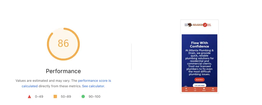 Website performance score of 86 with an Atlanta Plumbing & Drain advertisement showing contact options and services.