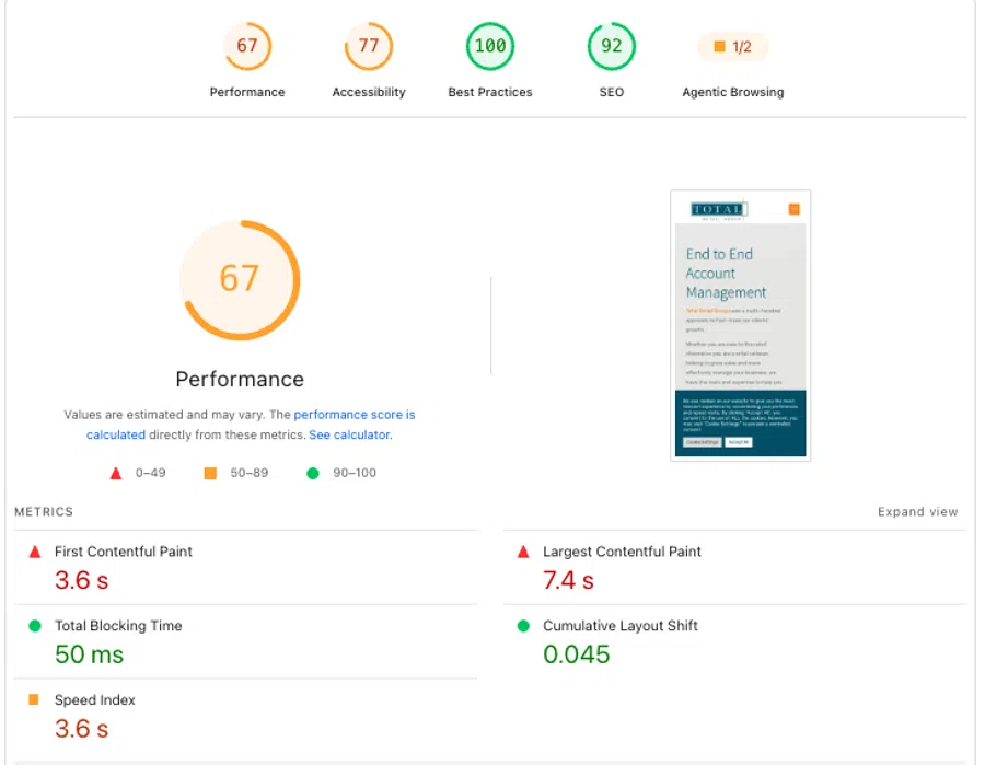 Website performance scores showing metrics like First Contentful Paint at 3.6s and cumulative layout shift at 0.045